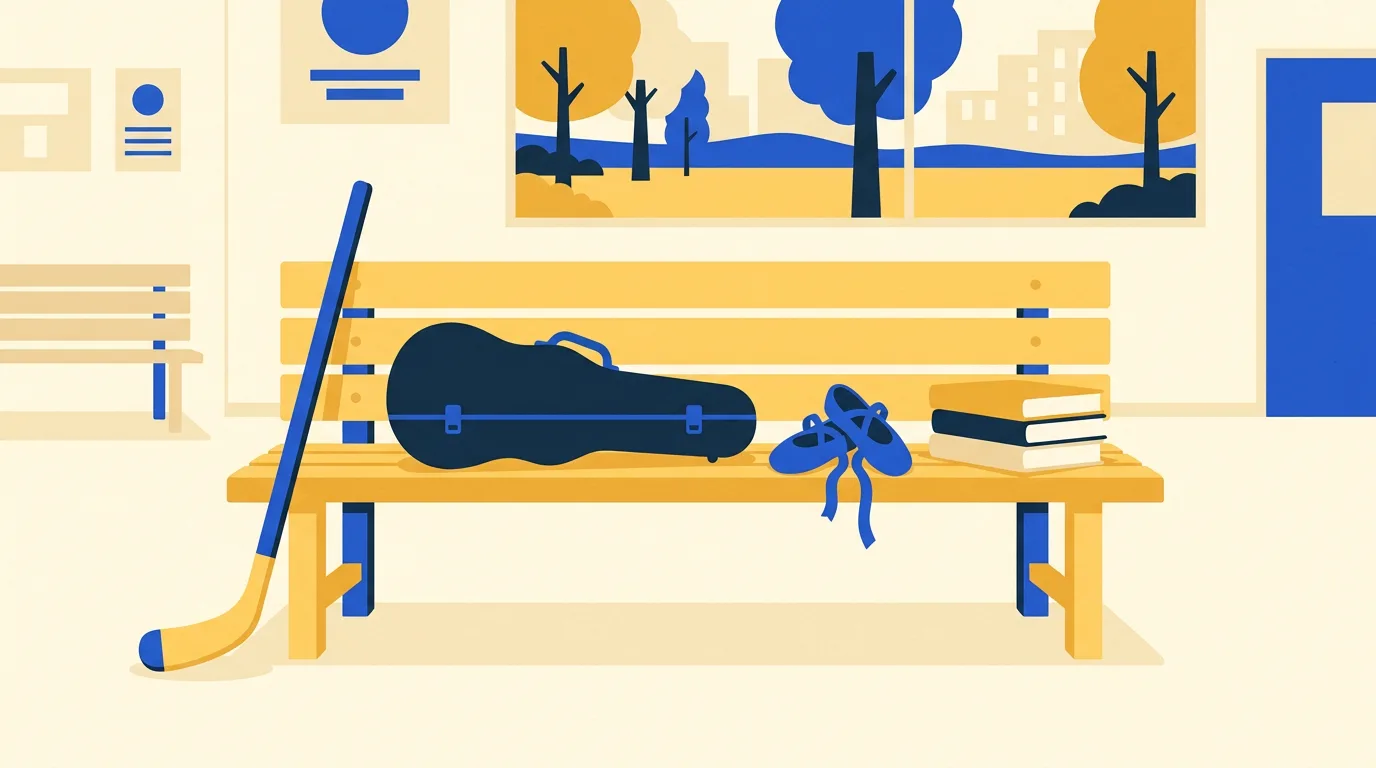 Illustration of a hockey stick, a violin case, ballet slippers and workbooks on a bench in a community hall