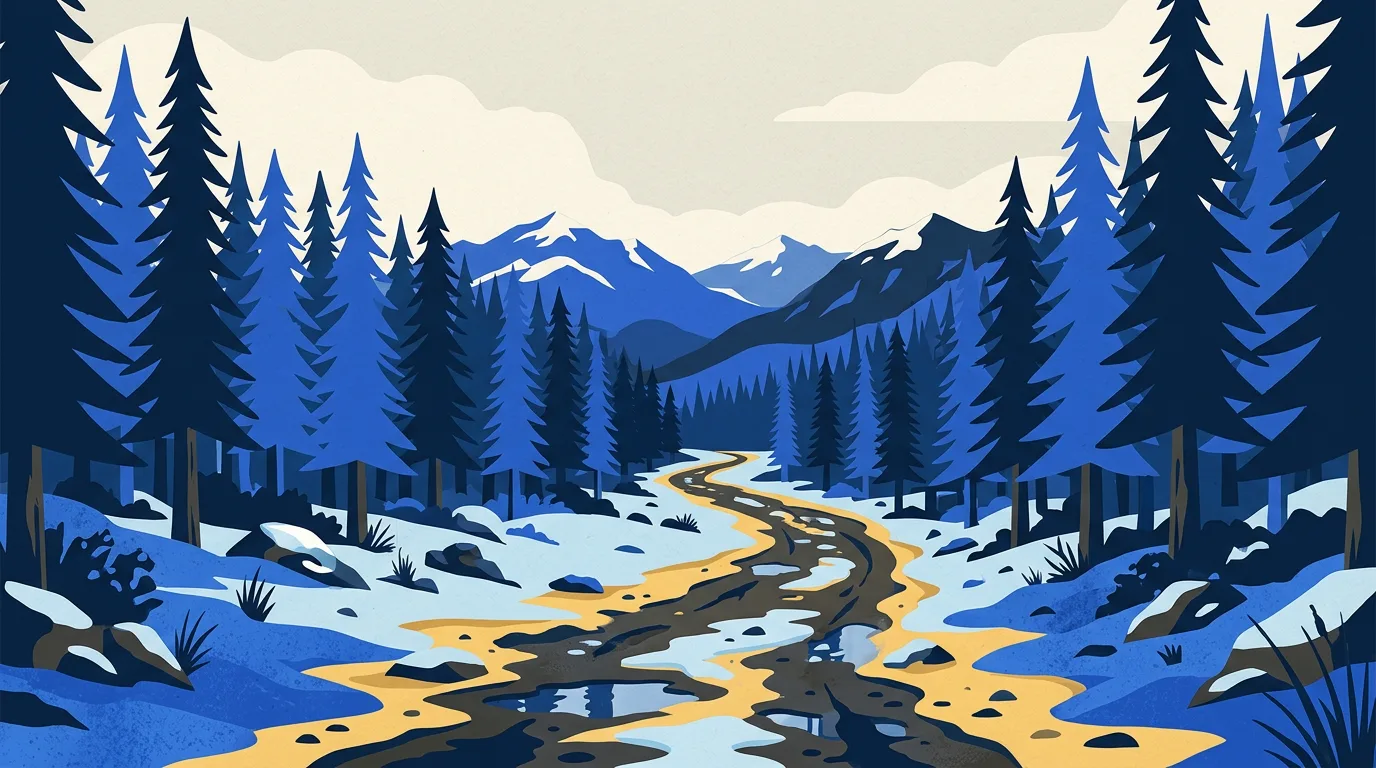 Illustration of a snow-dusted mountain trail through conifer forest in overcast winter conditions