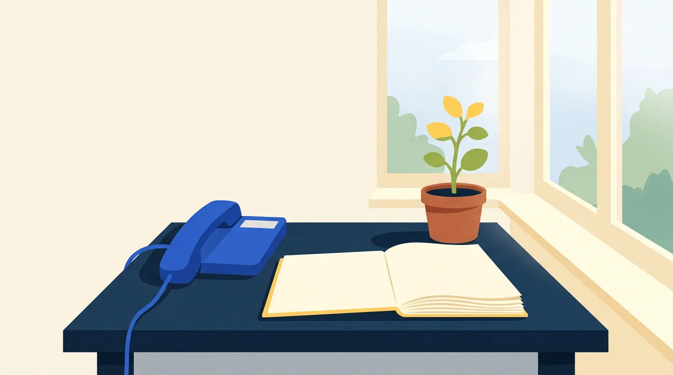 Illustration of a telephone and notebook on a table by a window, representing phone connections between people.