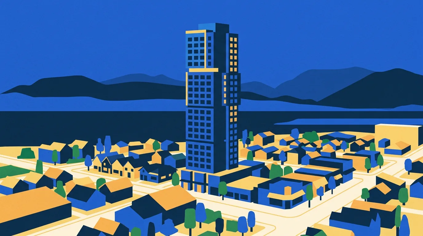 Illustration of a tall mixed-use tower in a Kitsilano neighbourhood, with ocean and mountains visible in the background