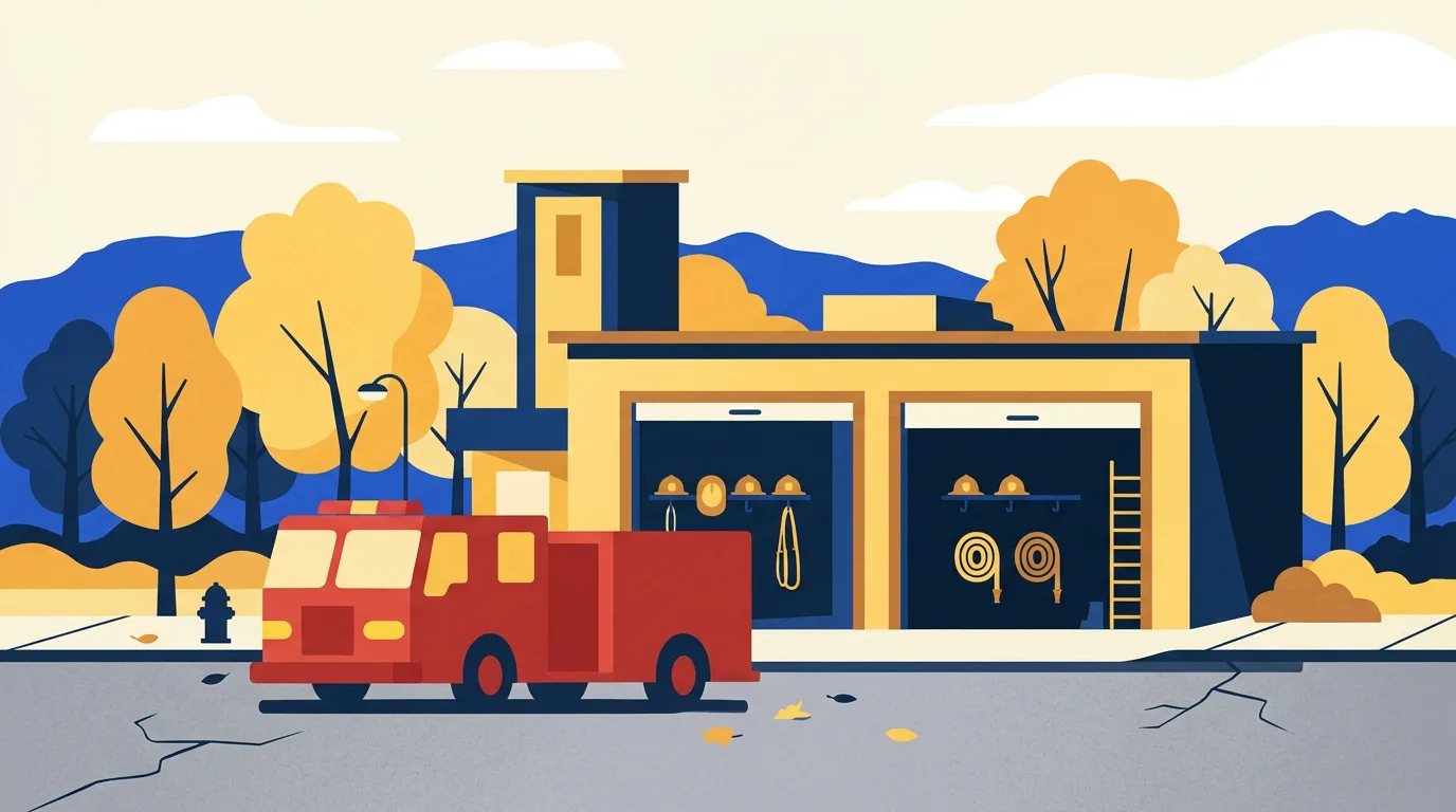 Illustration of a Vancouver fire truck parked outside a fire station