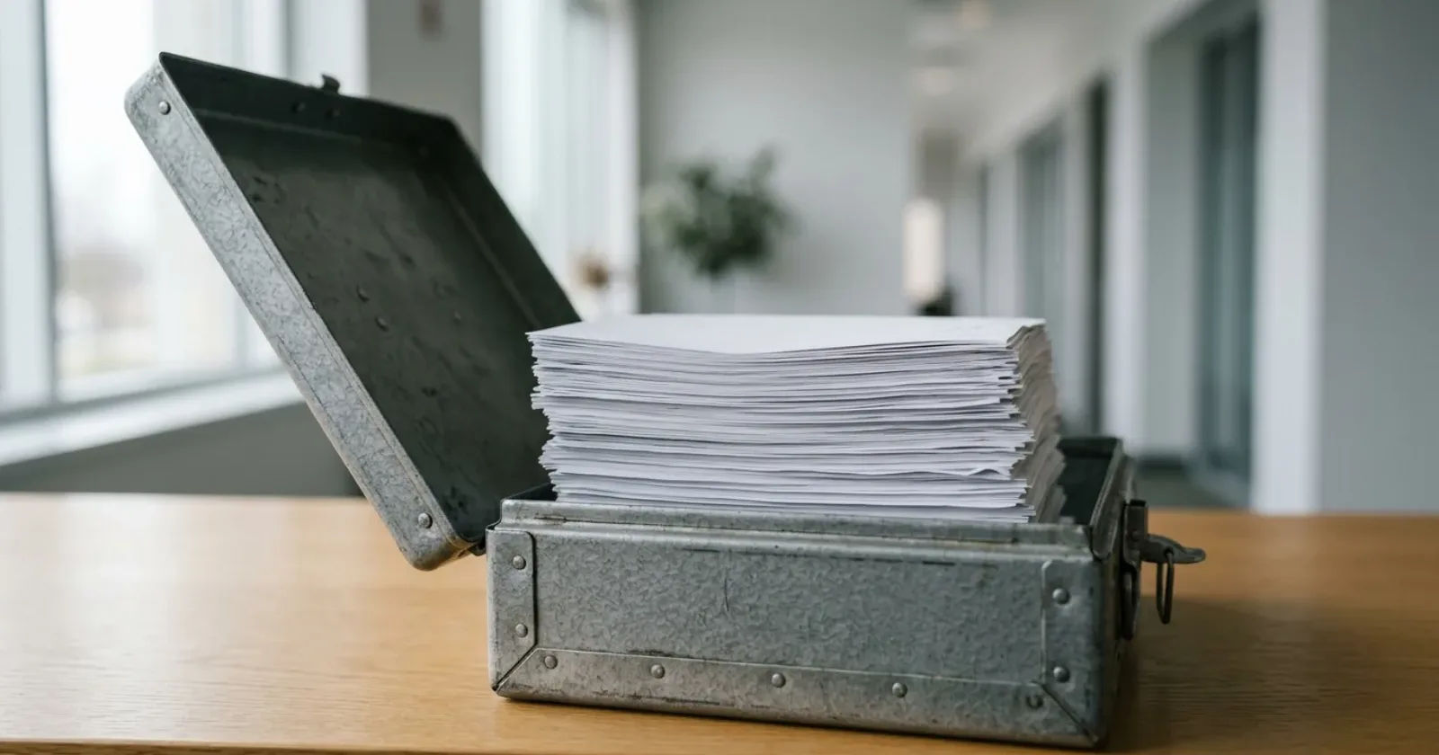 A metal ballot box holding a stack of paper ballots on a table in a municipal government building