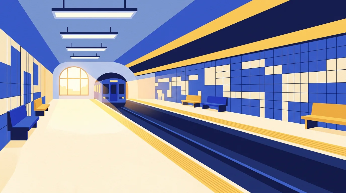Illustration of an empty Toronto subway platform with a train approaching in the background